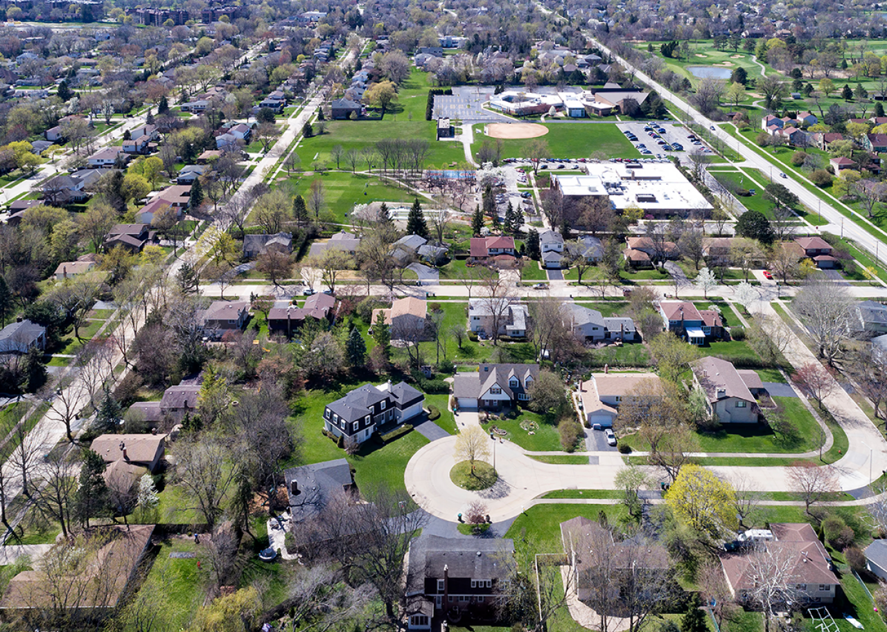Aerial view of a neighborhood in the suburban Chicago.