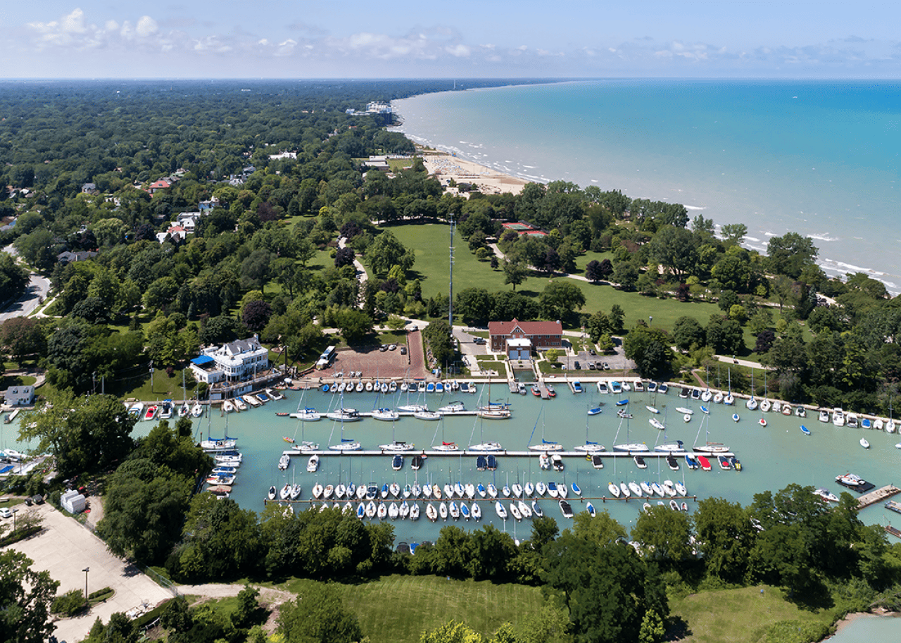 Wilmette Harbor and the Lake Michigan shoreline.