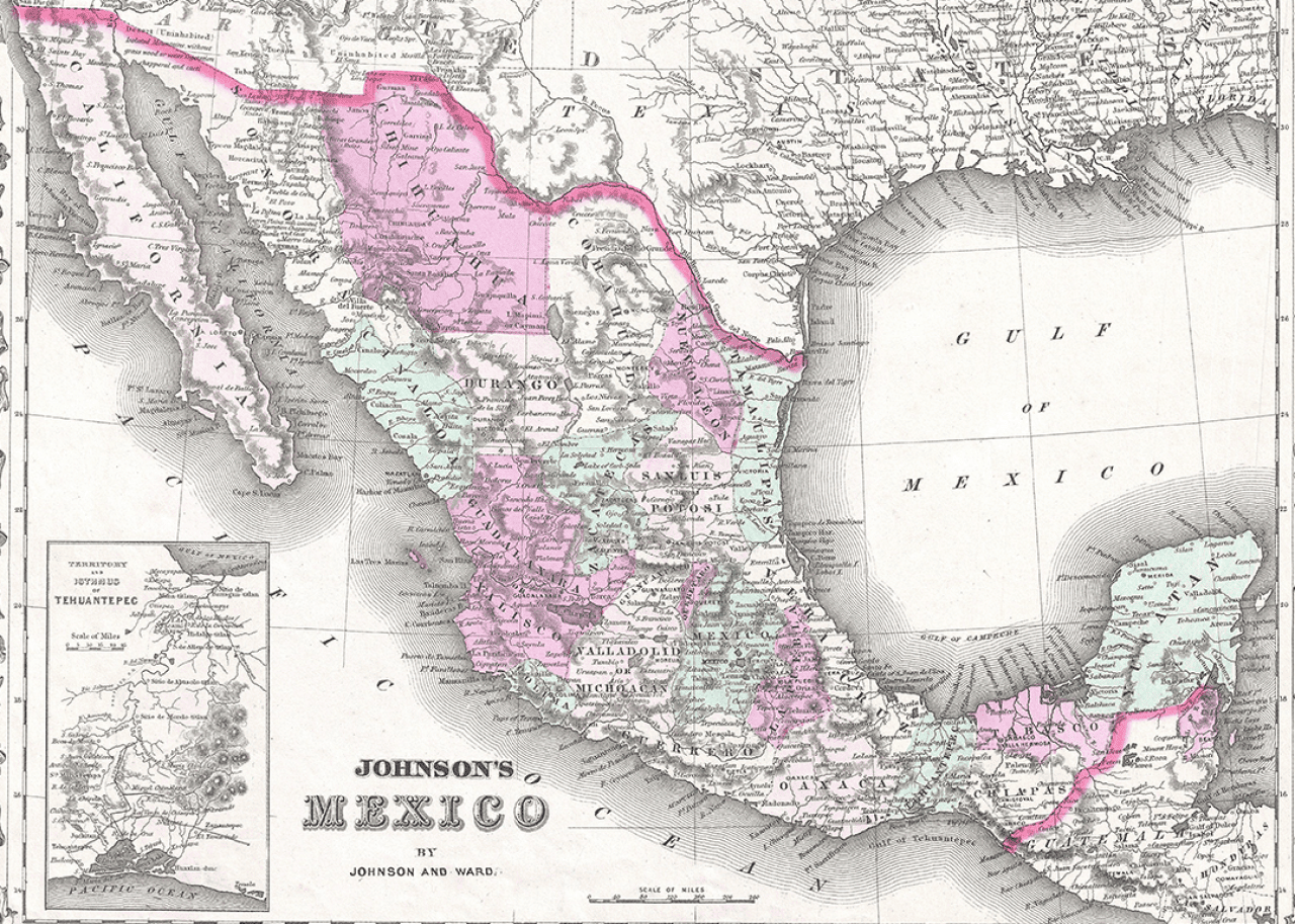 Archival map of Mexico and and Texas border from 1860s.