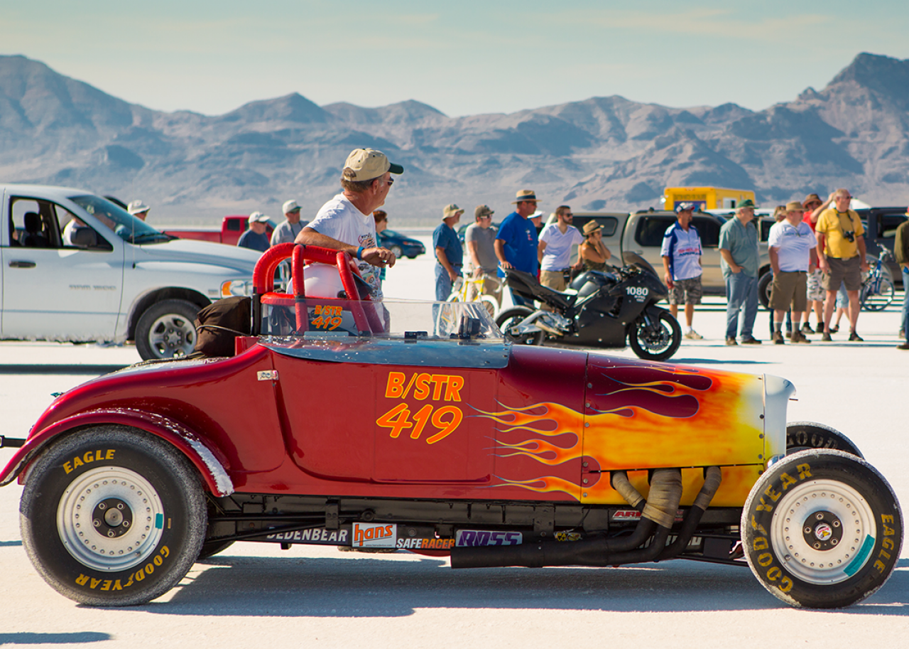 A car on the starting line at the World of Speed 2012 race at the Bonneville Salt Flats.