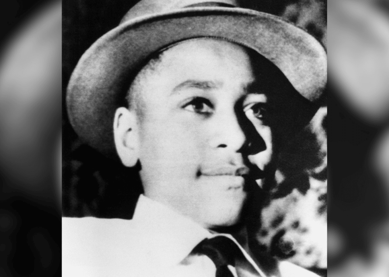 Black and white portrait of Emmet Till.