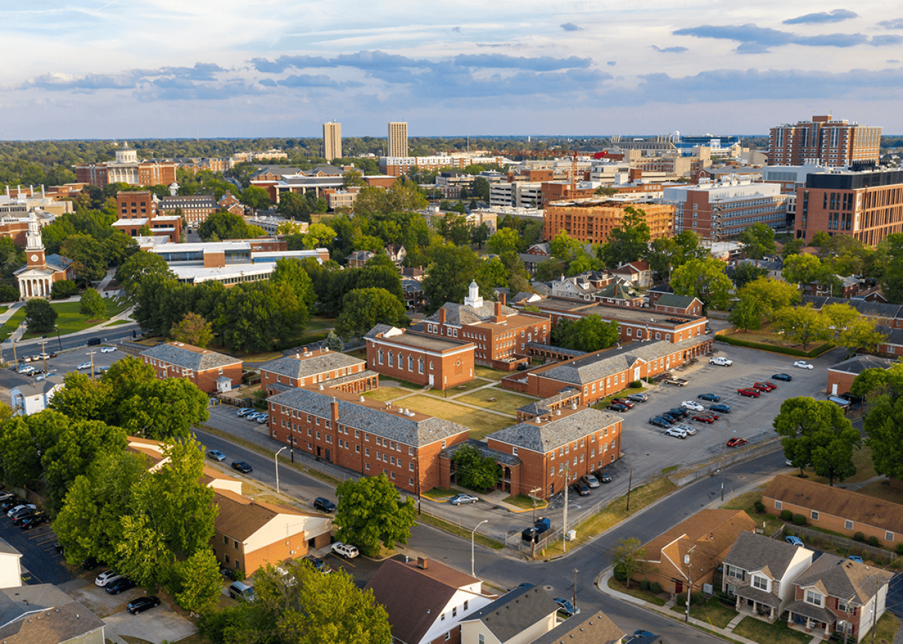 Aerial view university campus area in Lexington.