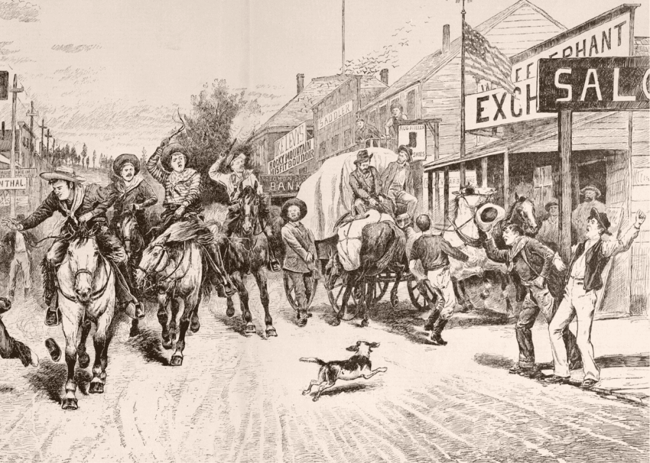Drawing by F.F. Zogbaum from 1886 titled Painting the town red.