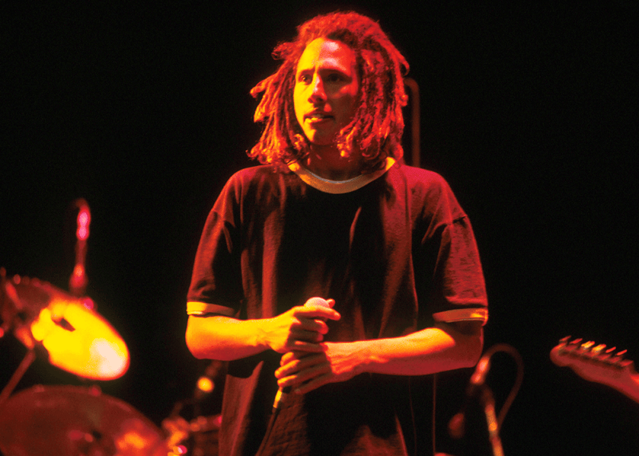 Zack de la Rocha of Rage Against The Machine performs on stage.