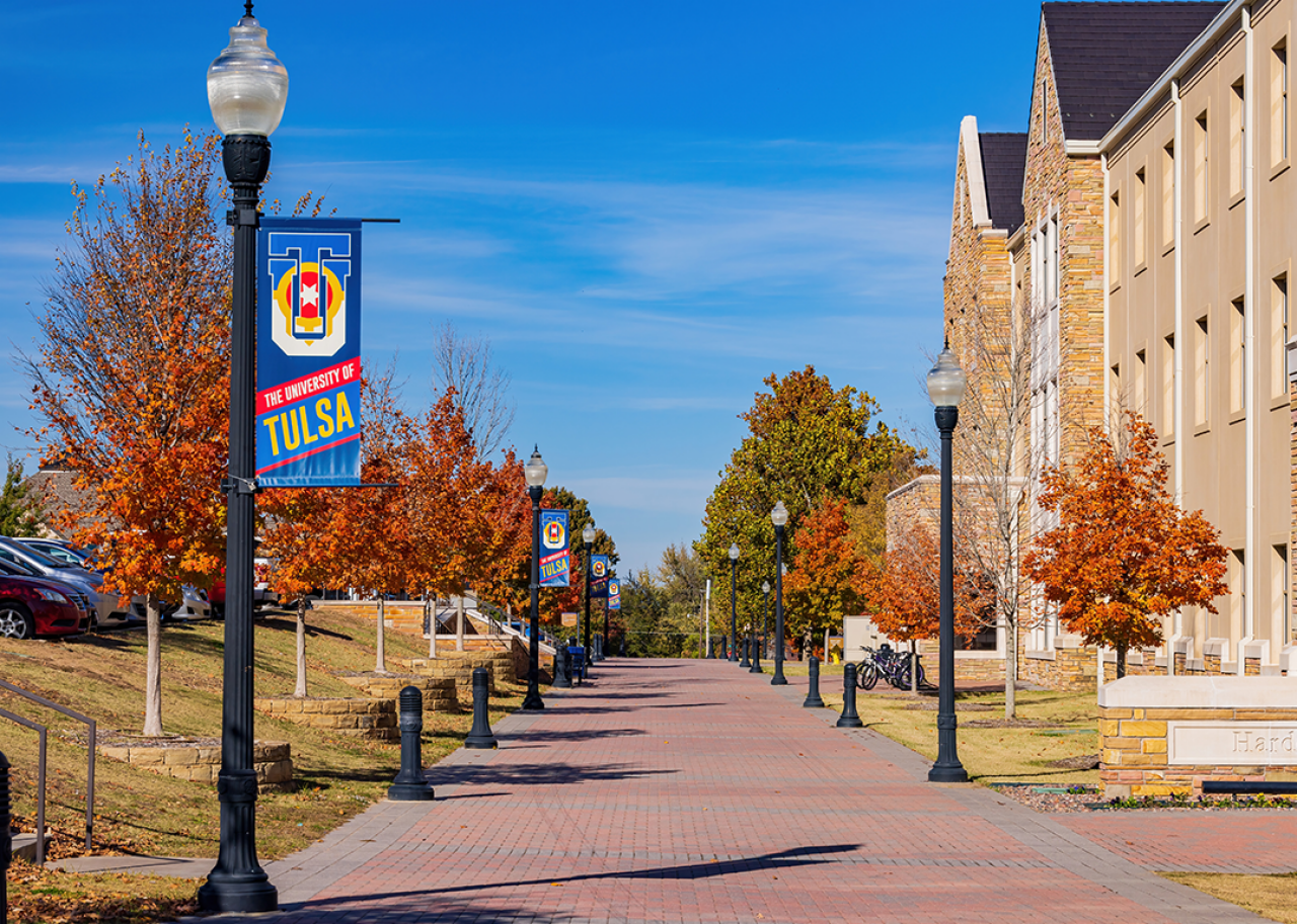 Sunny view of the beautiful campus of The University of Tulsa.