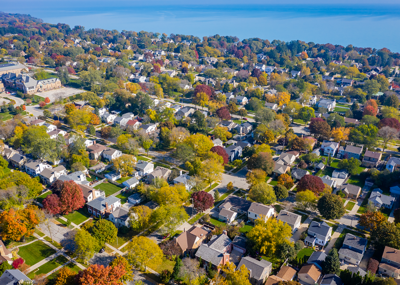 Aerial view of suburban Whitefish Bay, Wisconsin.