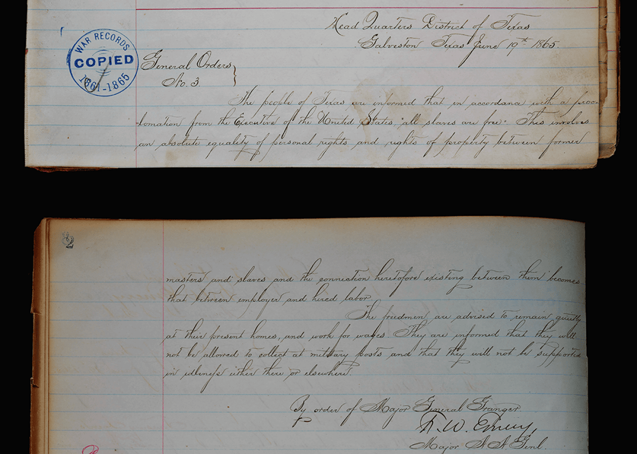 Handwritten record showing General Orders, Number 3, issued by United States Major General Gordon Granger, June 19, 1865