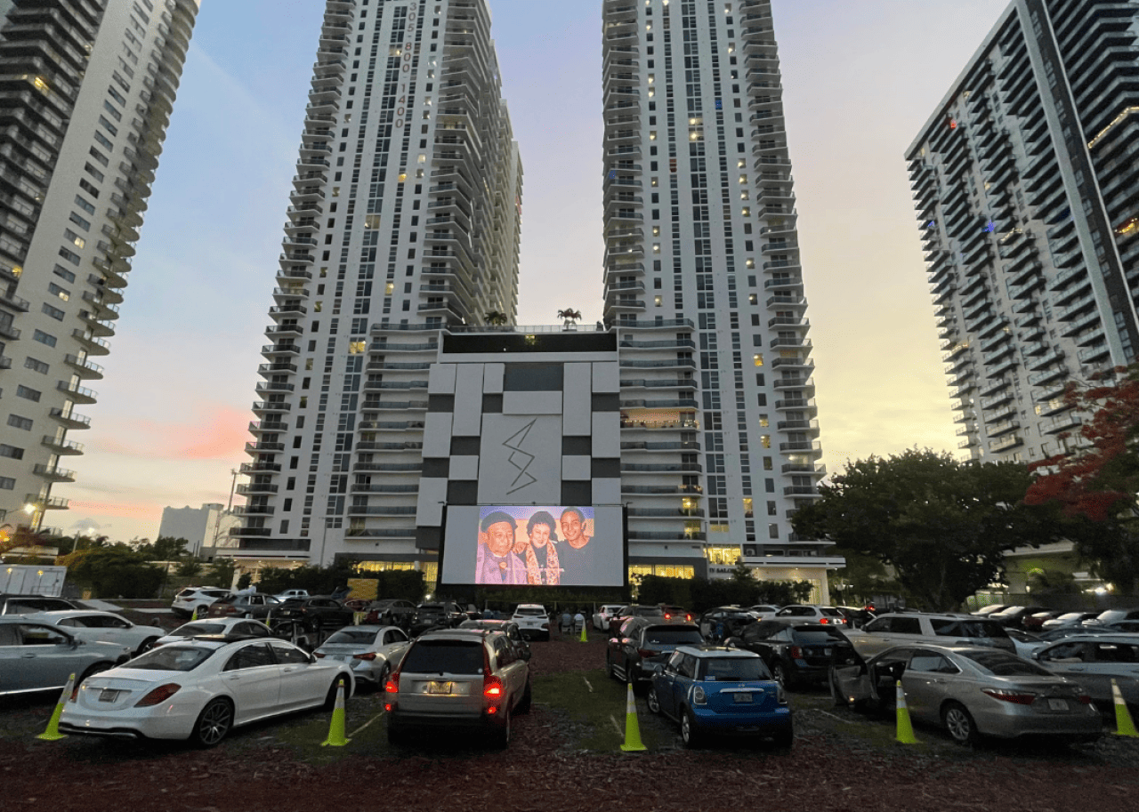 Cars parked at the Nite Owl Drive-In Theater in Miami for screening.
