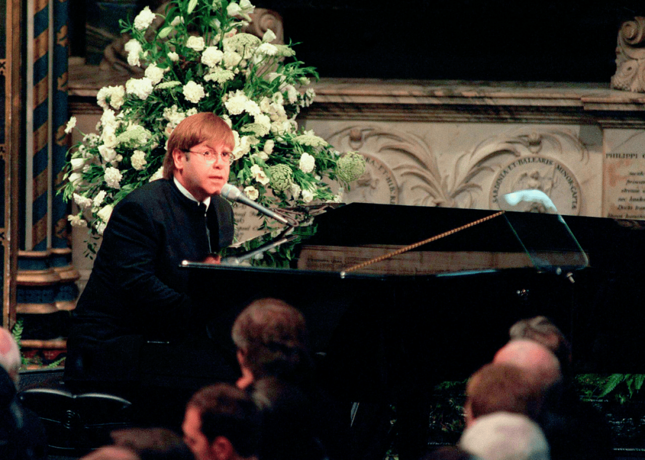 Elton John: Bestselling single of all time Elton John sings 'Candle in the Wind' at the funeral of Diana, Princess of Wales.