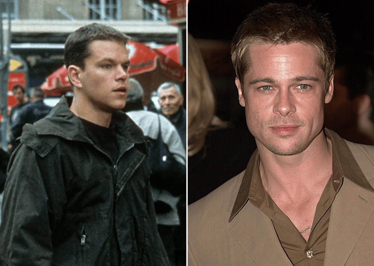 On left, Matt Damon as Jason Bourne; on right, Brad Pitt at ‘The Mexican’ premiere in 2001.