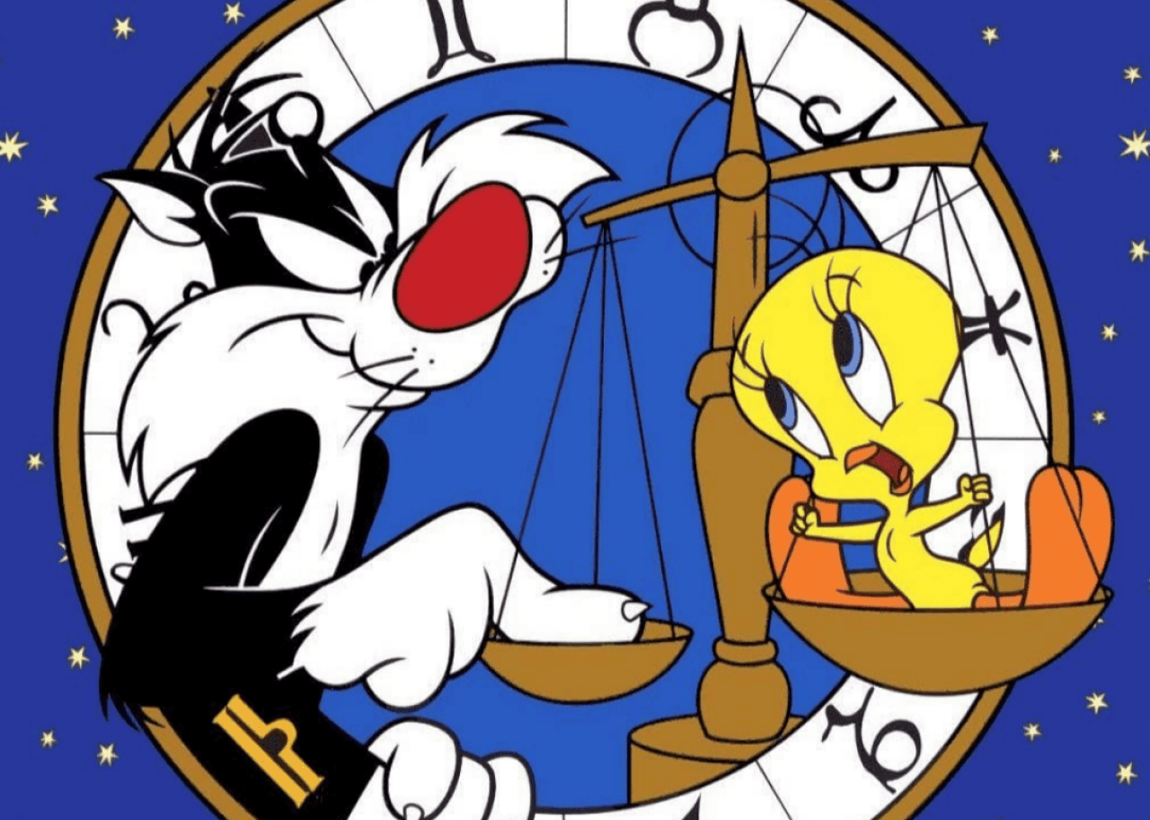 Sylvester putting his finger on a scale with Tweety on the other side