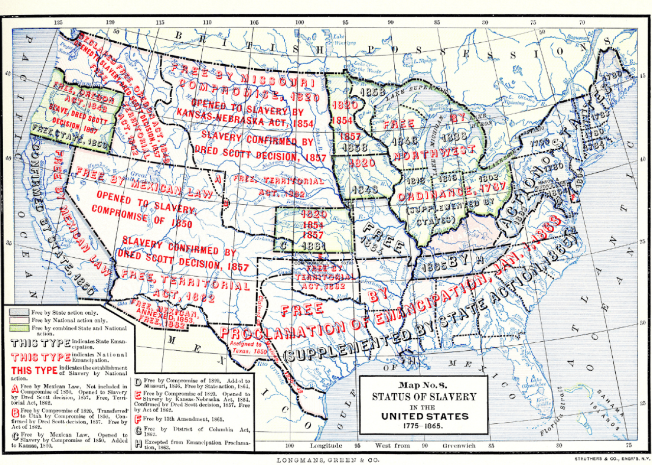 Map depicting Status Of Slavery In The United States 1775 - 1865
