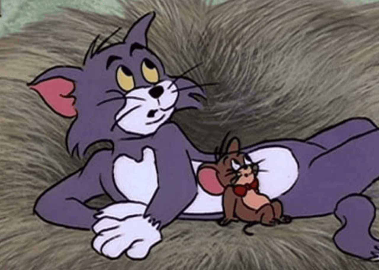 Still of Tom and Jerry both looking startled