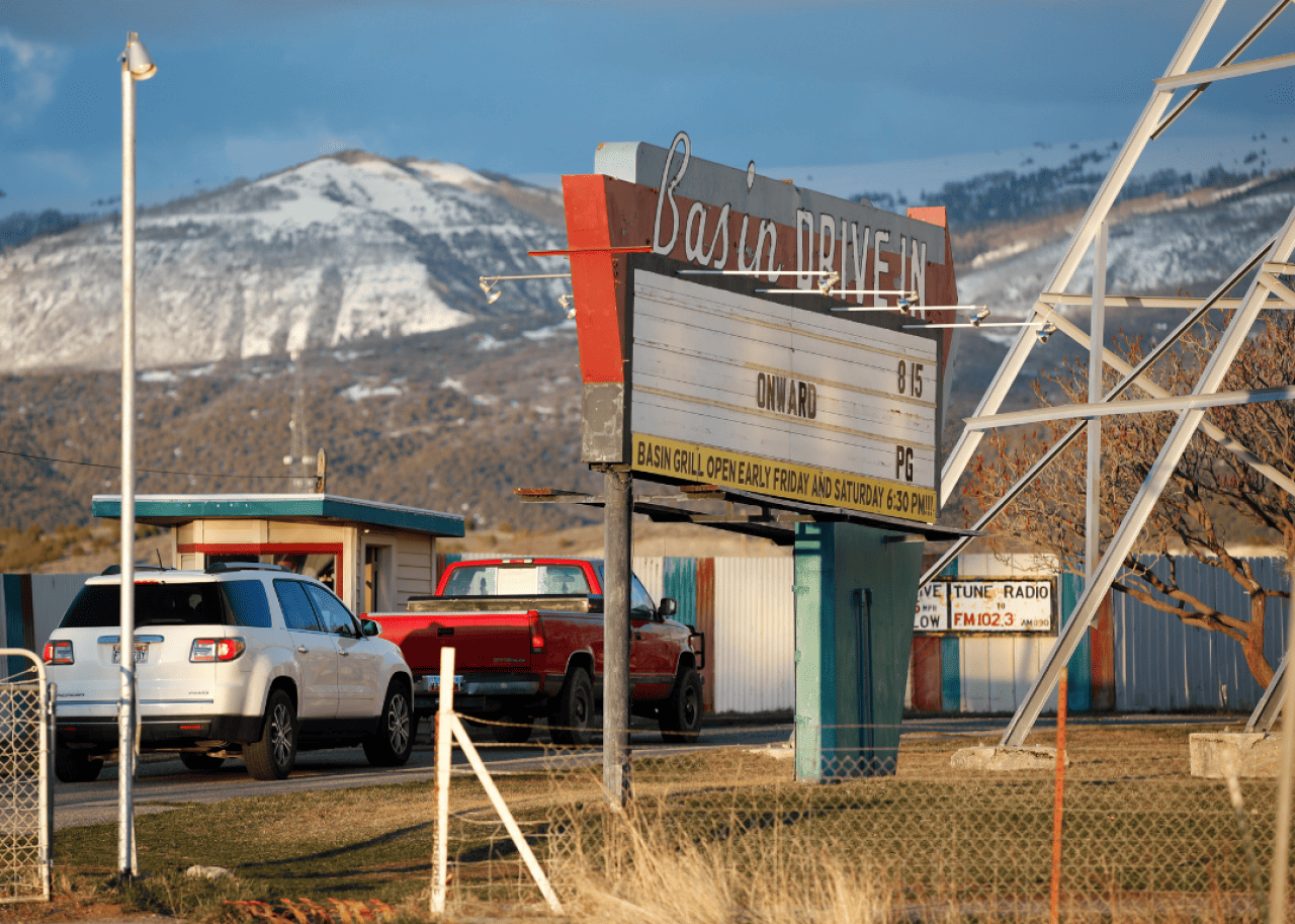 Cars at entrance to Mount Pleasant’s Basin Drive-In.