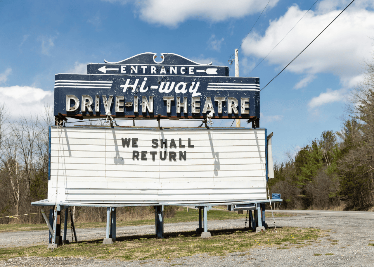 Marquee at entrance for Hi-way Drive-In Theatre in Coxsackie.