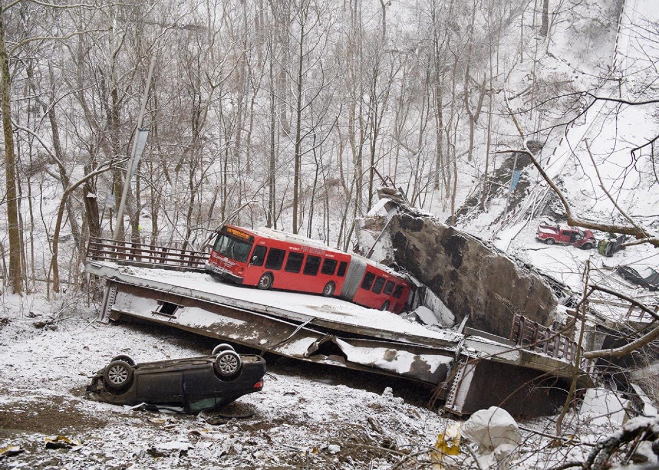 Bus and flipped car visible on Fern Hollow Bridge collapse near Pittsburgh, PA