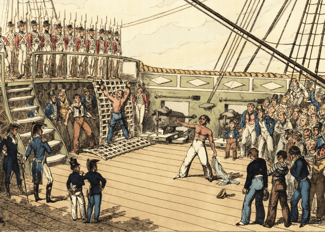 An illustration of a Royal Navy sailor tied to a grating on a ship deck for punishment with the cat-o-nine-tails.