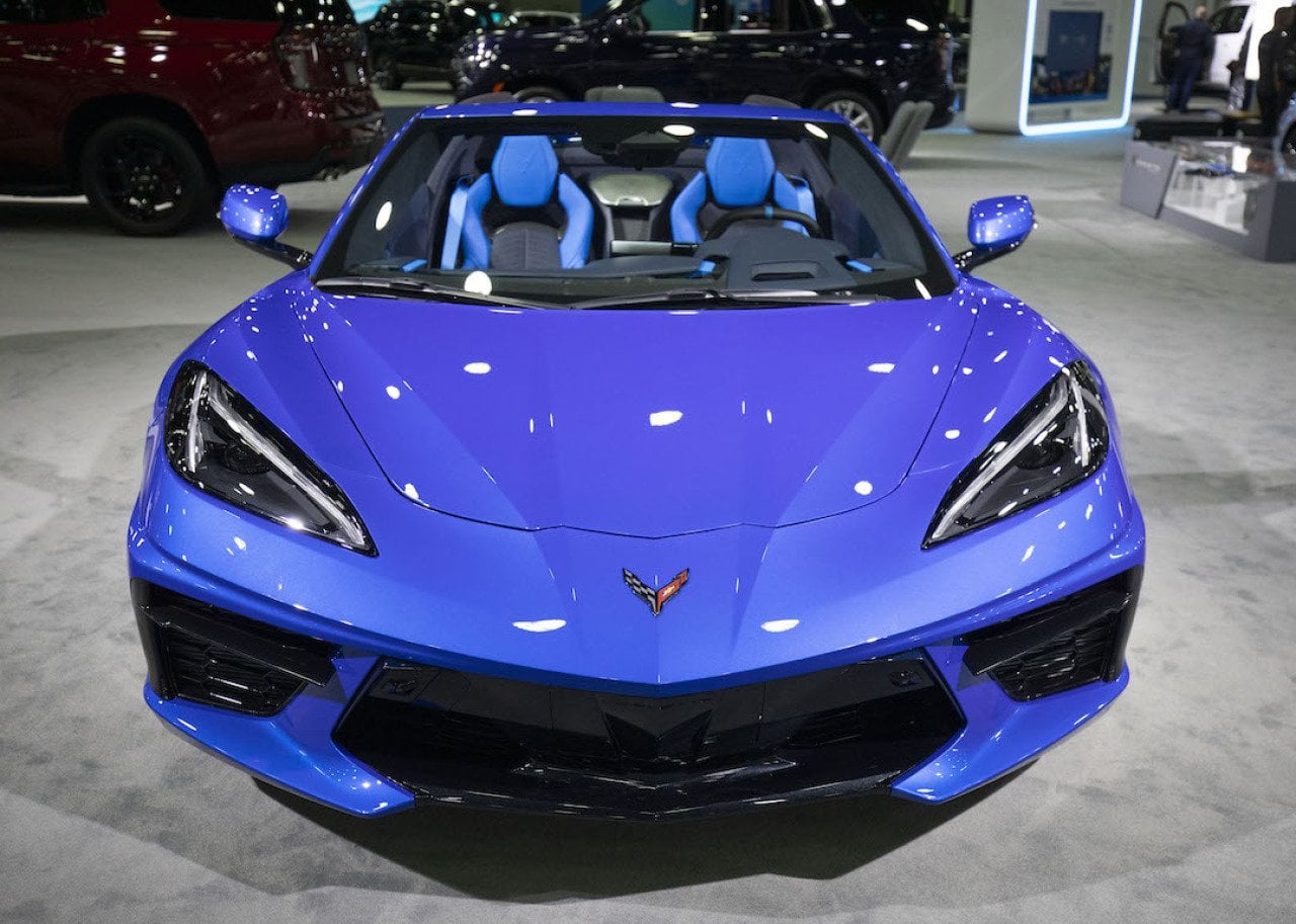 The new Chevrolet Corvette E-Ray sits on display at the 2023 North American International Detroit Auto Show on Sept. 13, 2023 in Detroit, Michigan.