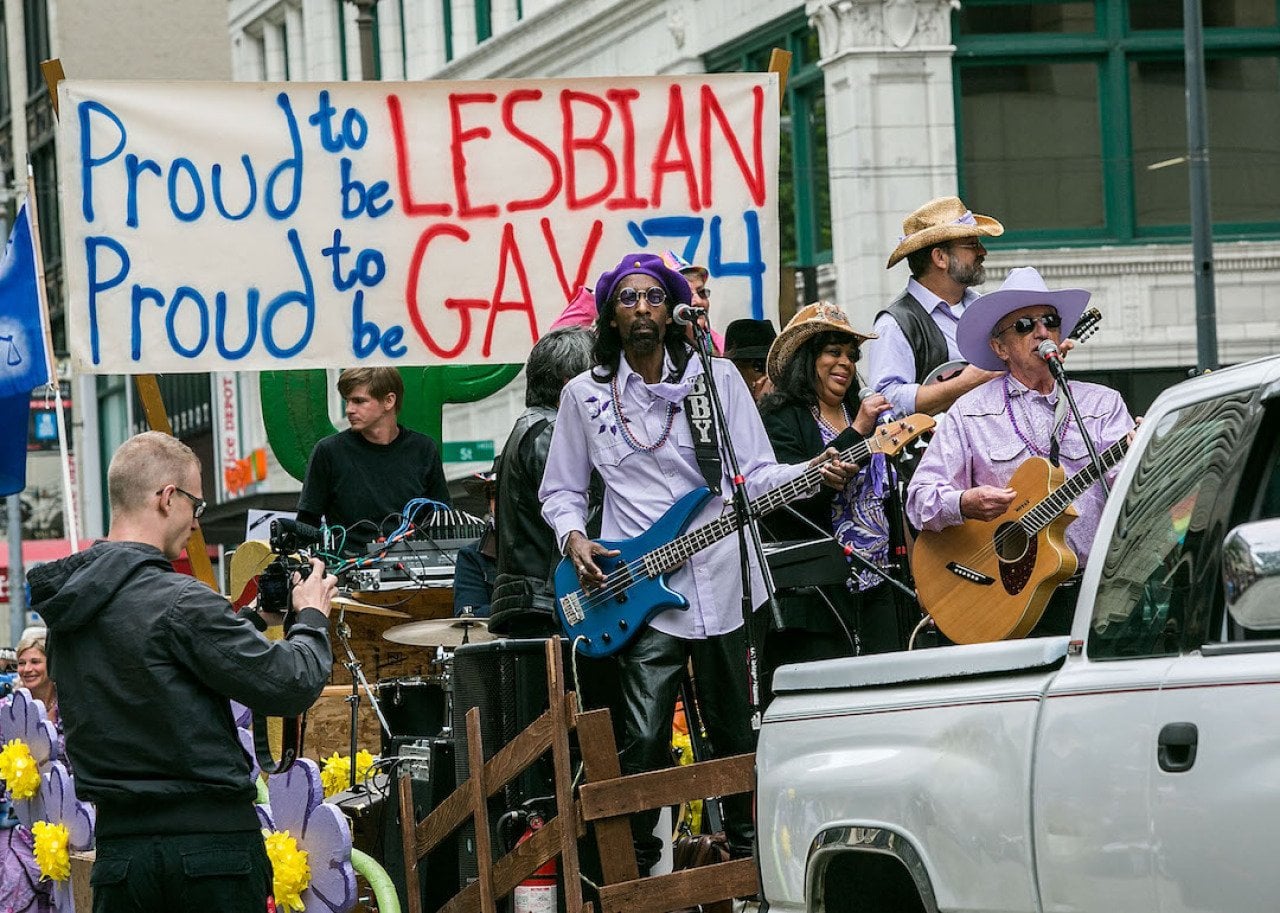 Patrick Haggerty: First openly gay country album Patrick Haggerty, Michael Carr, Eve Morris, and Robert Hammerstrom of the gay country band Lavender Country on June 29, 2014 in Seattle, Washington at the 40th Annual Seattle Pride Parade.