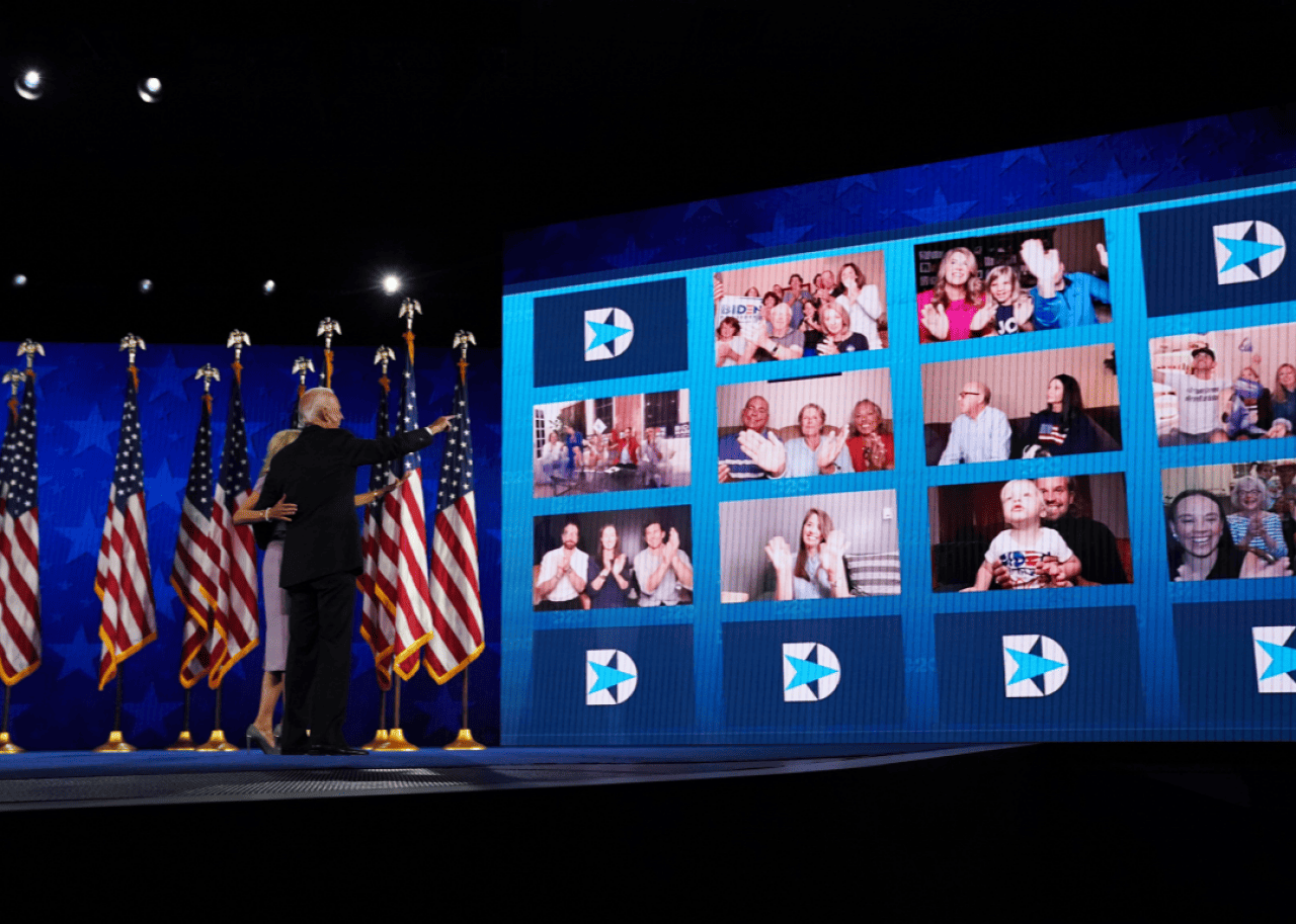 2020: COVID-19 causes a virtual DNC Democratic presidential candidate Joe Biden and Jill Biden wave to the virtual crowd after he delivered a speech accepting his party's presidential nomination at the Chase Center in Wilmington, Delaware, on the final day of the Democratic National Convention Thursday, Aug. 20, 2020.