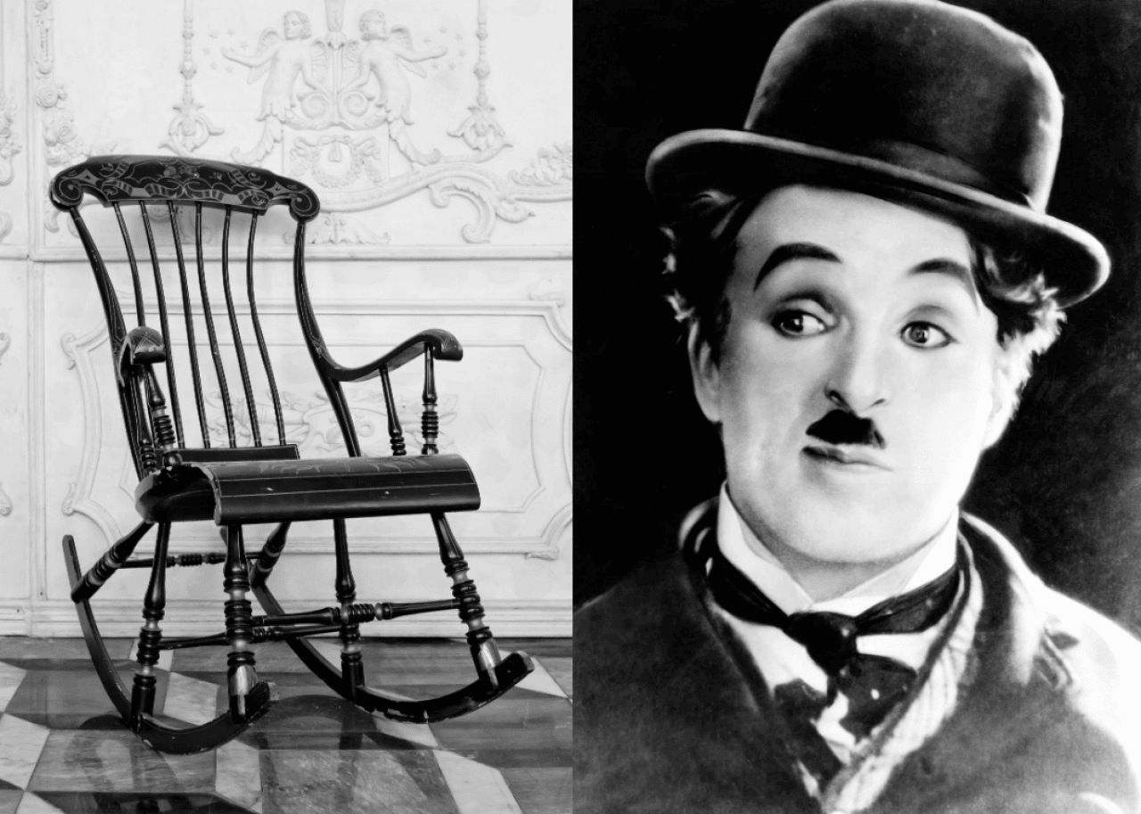 Composite image of rocking chair and Charlie Chaplin.