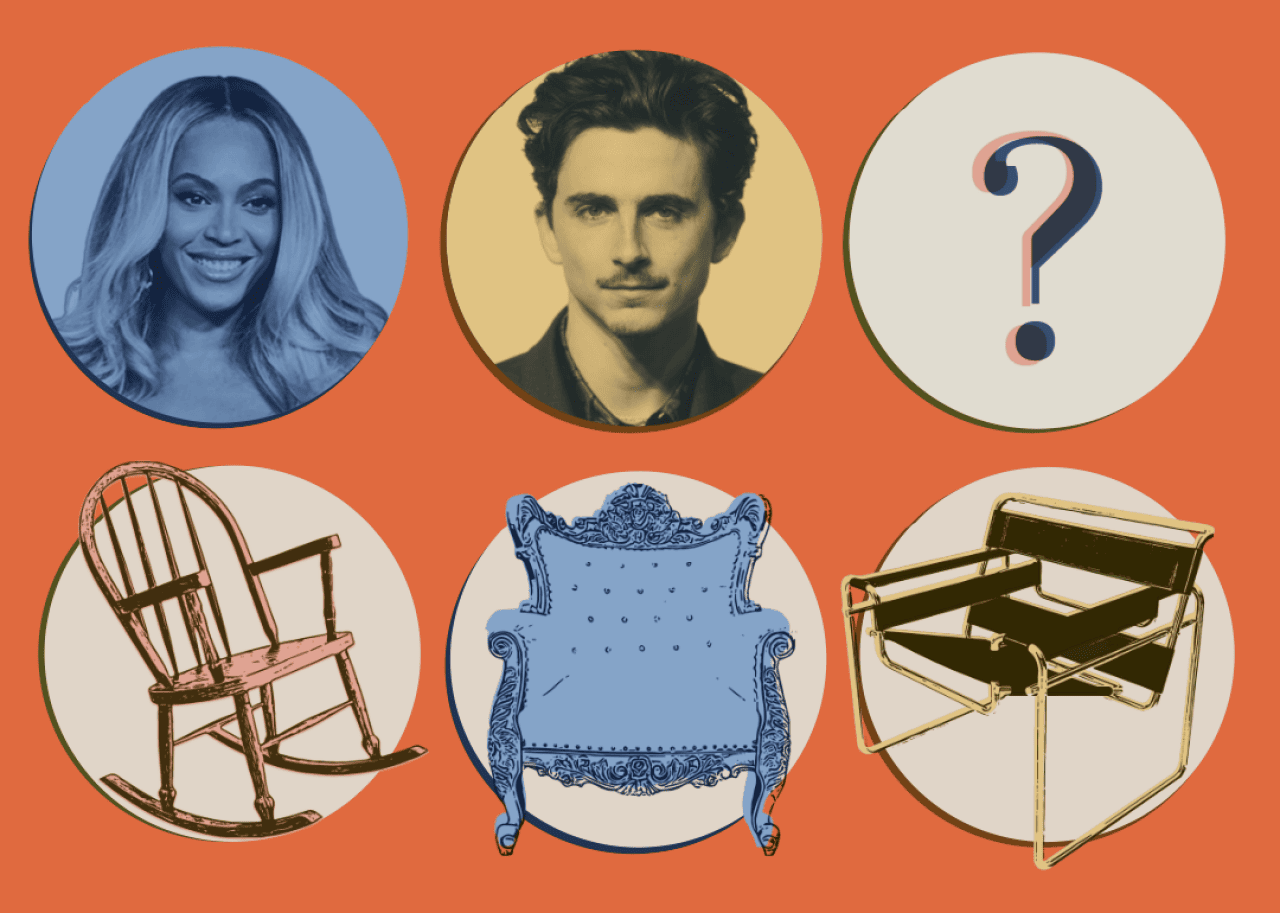 Photo illustration with photos six circles representing celebrities and furniture items on orange background.