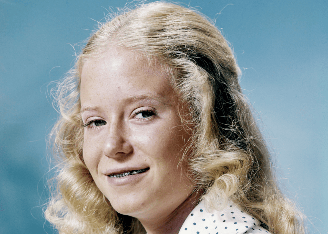 Studio portrait of American actor Eve Plumb, circa 1972.