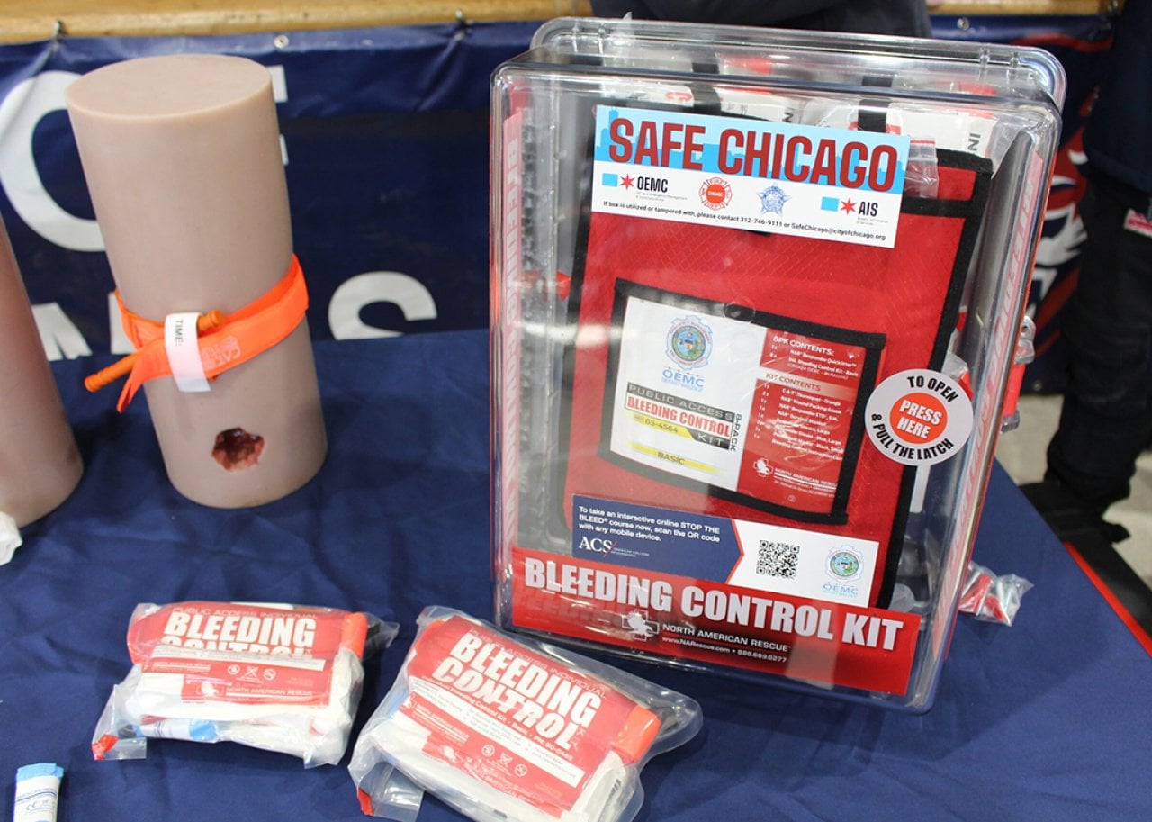 A 'Safe Chicaco' bleeding control kit and its contents. 