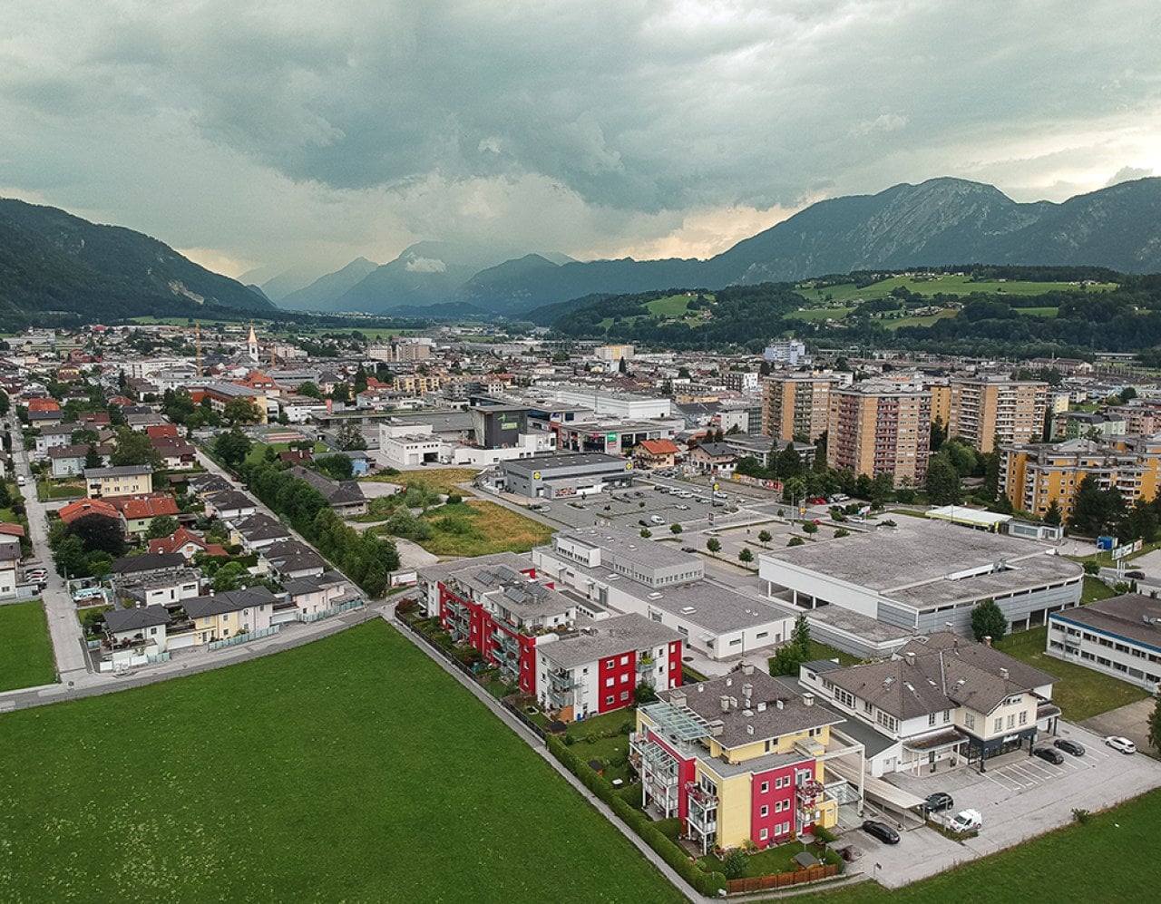 Aerial view of the city of WÃ¶rgl in Tirol.