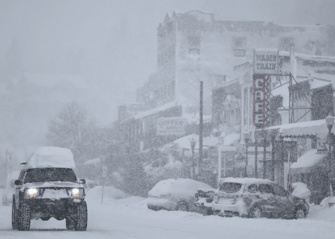 Snow falls downtown, north of Lake Tahoe, during a powerful multiple day winter storm in the Sierra Nevada mountains on March 02, 2024 in Truckee, California.
