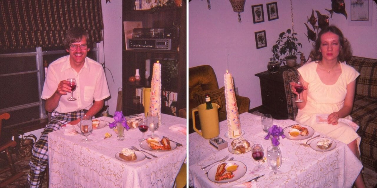 Collage of two photos of the same dinner table, one featuring a man, the other featuring a woman