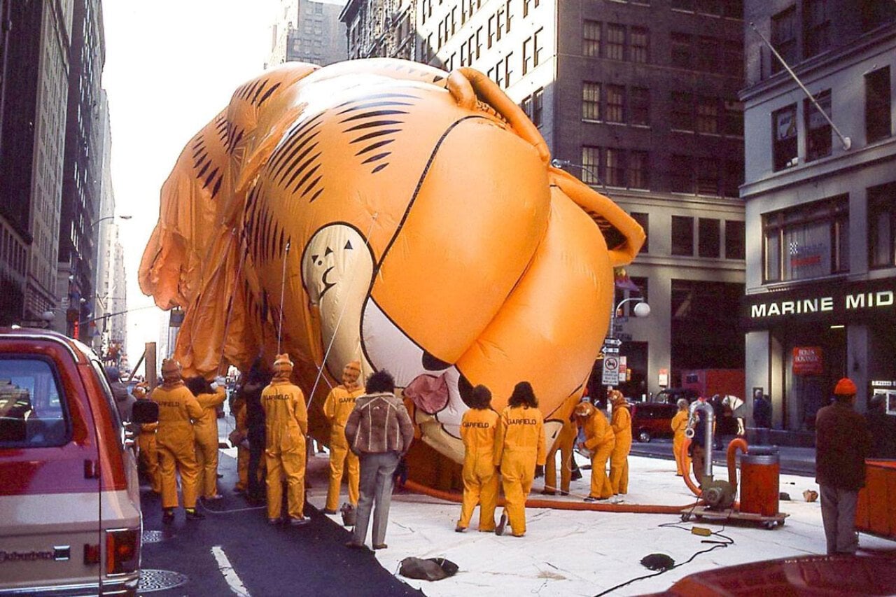 Garfield float getting inflated for the Macy's Day Parade