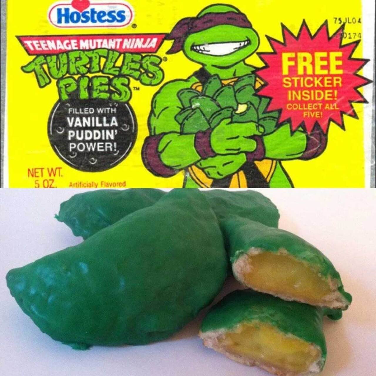 The original packaging and actual Ninja Turtles Pudding Pies