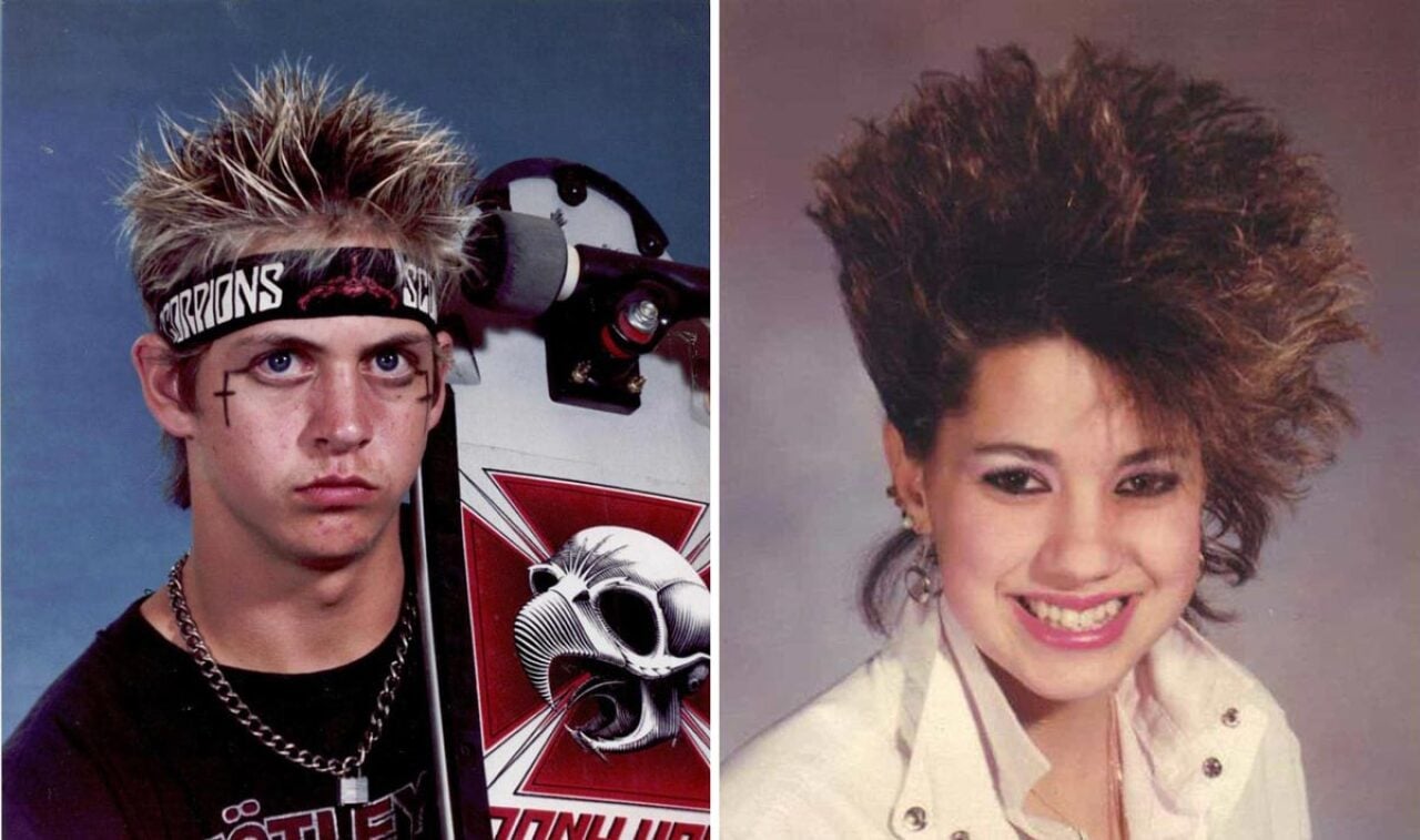 Side by side class photos of kids from 1985