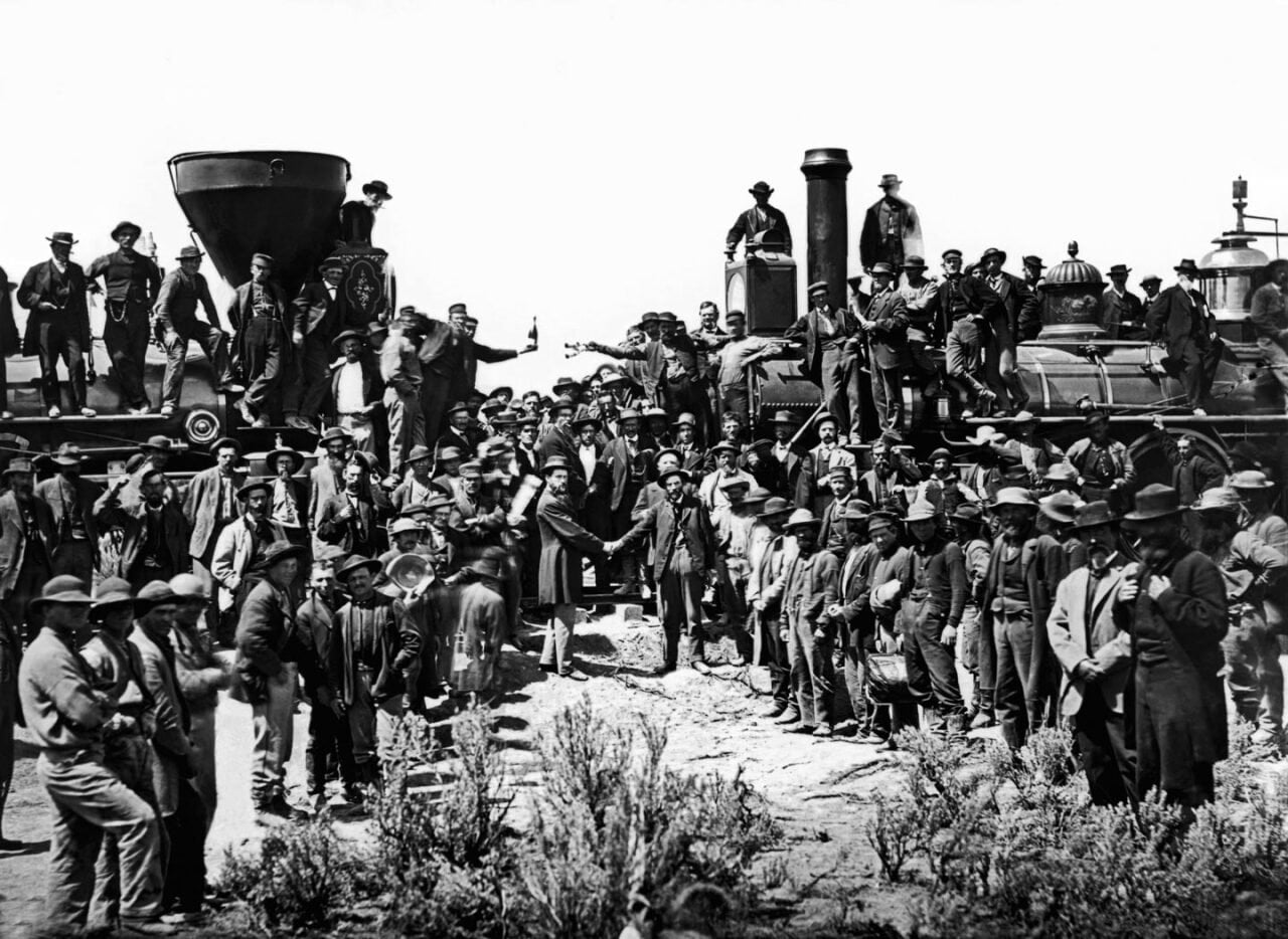 Black and white photo of the celebration of the completion of the first transcontinental railroad