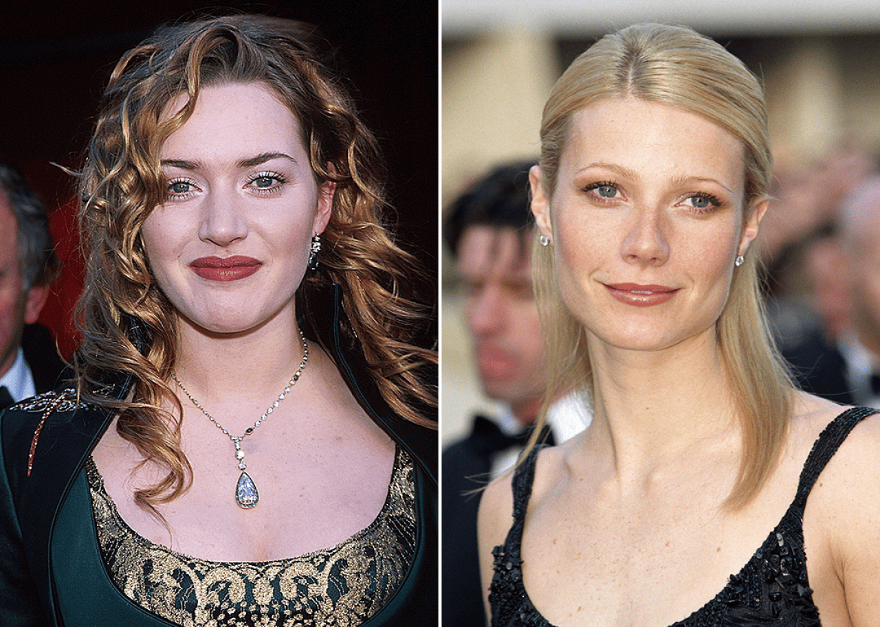 On left, Kate Winslet at Academy Awards; on right Gwyneth Paltrow at BAFTA Film Awards in 1999.