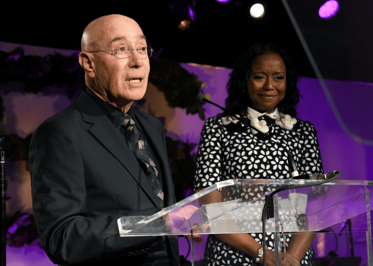 David Geffen YES Gala Co-Chairs David Geffen and Mellody Hobson speak onstage at event.