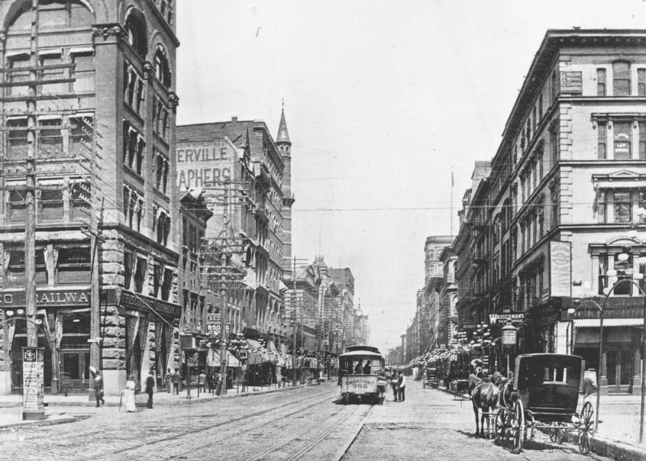 Urban street scene with cable car