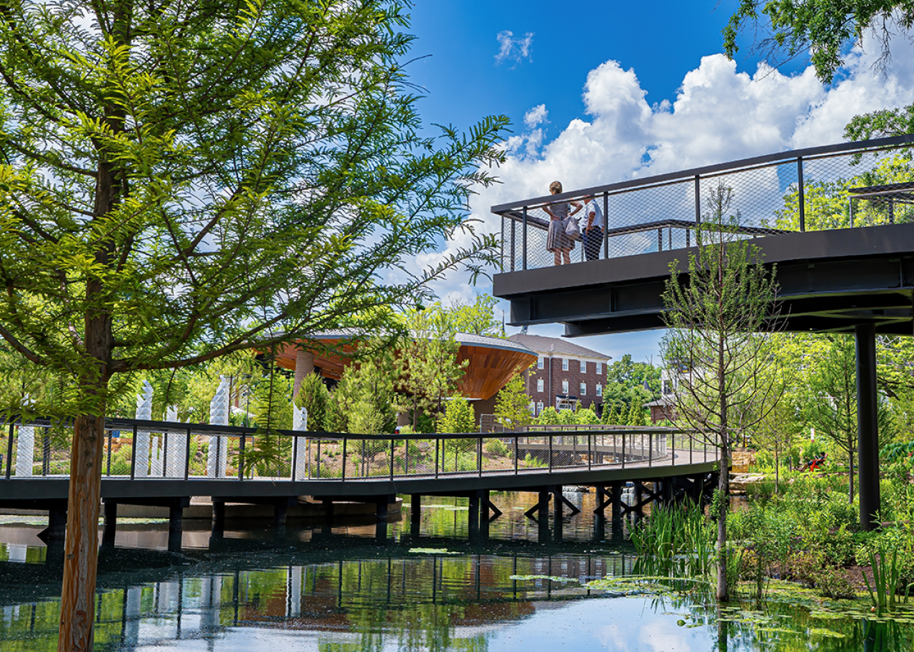 A couple looks out across a pond at the downtown Cary Park.