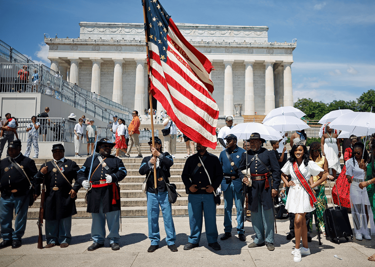 Members of the US Colored Troops and Buffalo Soldiers, an organization of living historians and re-enactors gather at Lincoln Memorial.