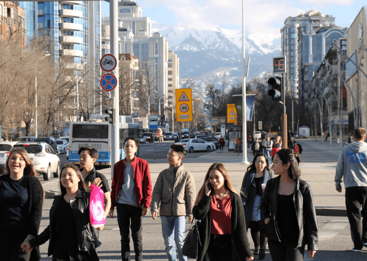 Pedestrians and traffic on the streets of Almaty