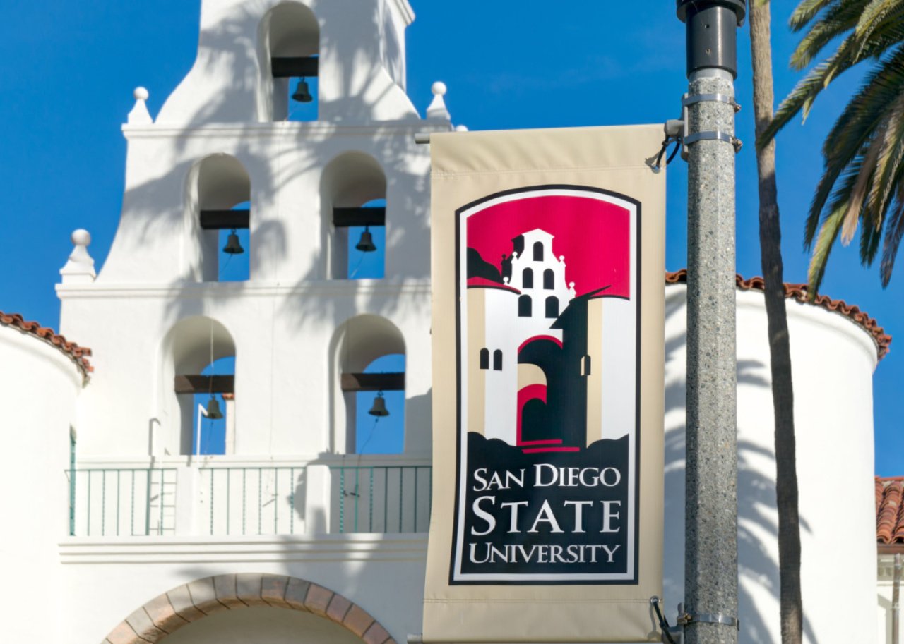 #48. San Diego State University San Diego State University banner on campus.
