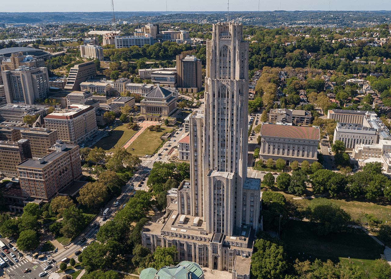 #30. University of Pittsburgh Aerial view of Cathedral of Learning and surrounding cityscape.