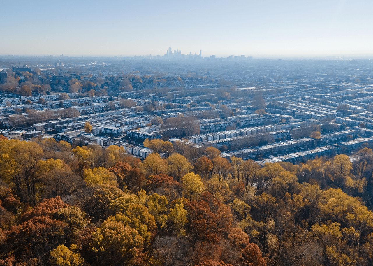 Aerial view of suburban multifamily homes in Ardmore.