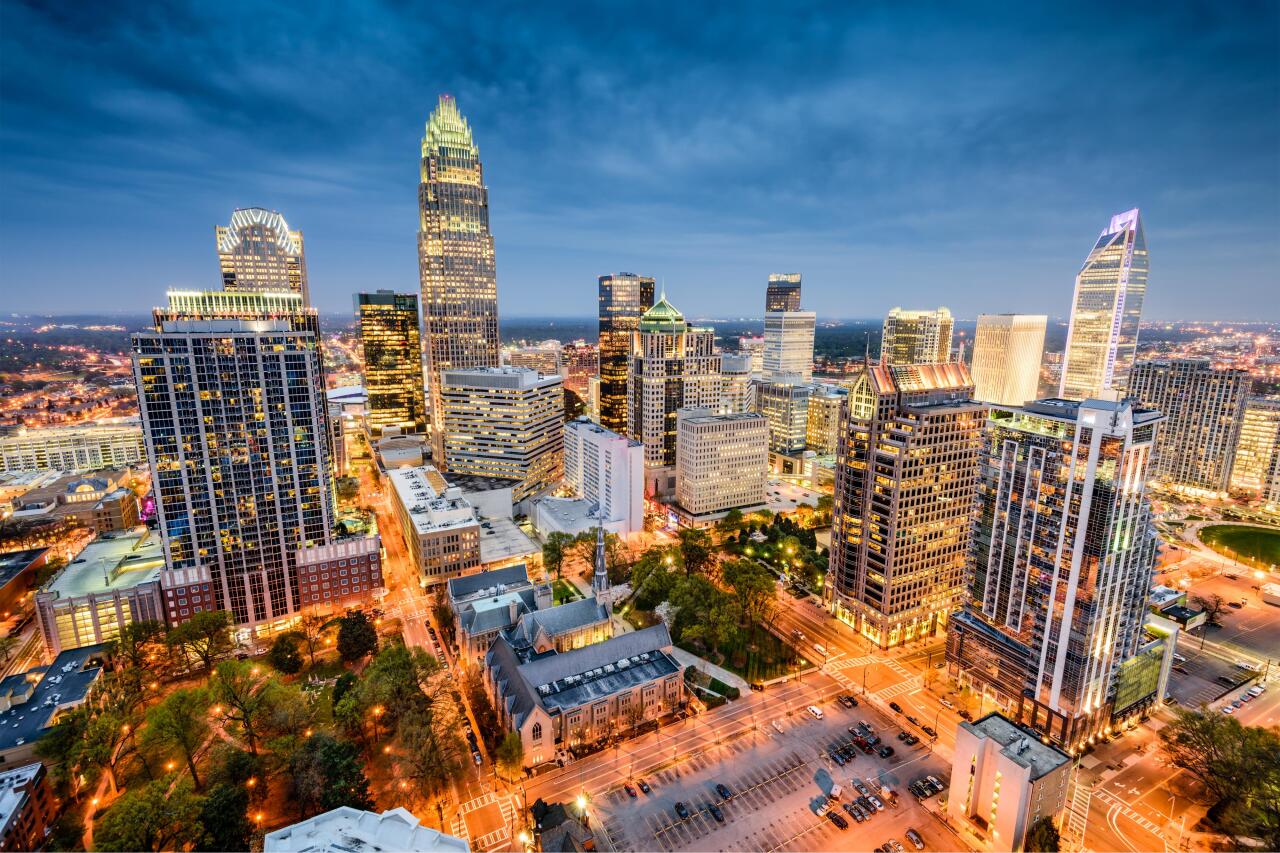 Charlotte cityscape at night.