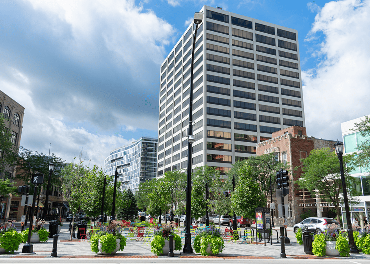 Buildings and park area in downtown Evanston.