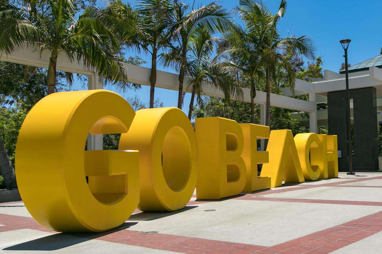 GO BEACH sign and palm trees.