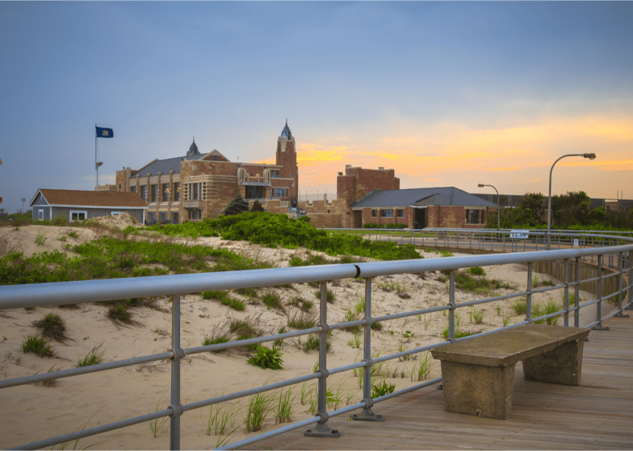 Historic buildings near a beach boardwalk