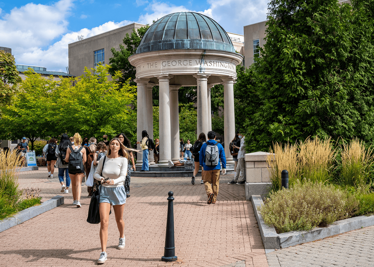 #35. George Washington University Students walking through Kogan Plaza on GWU campus.