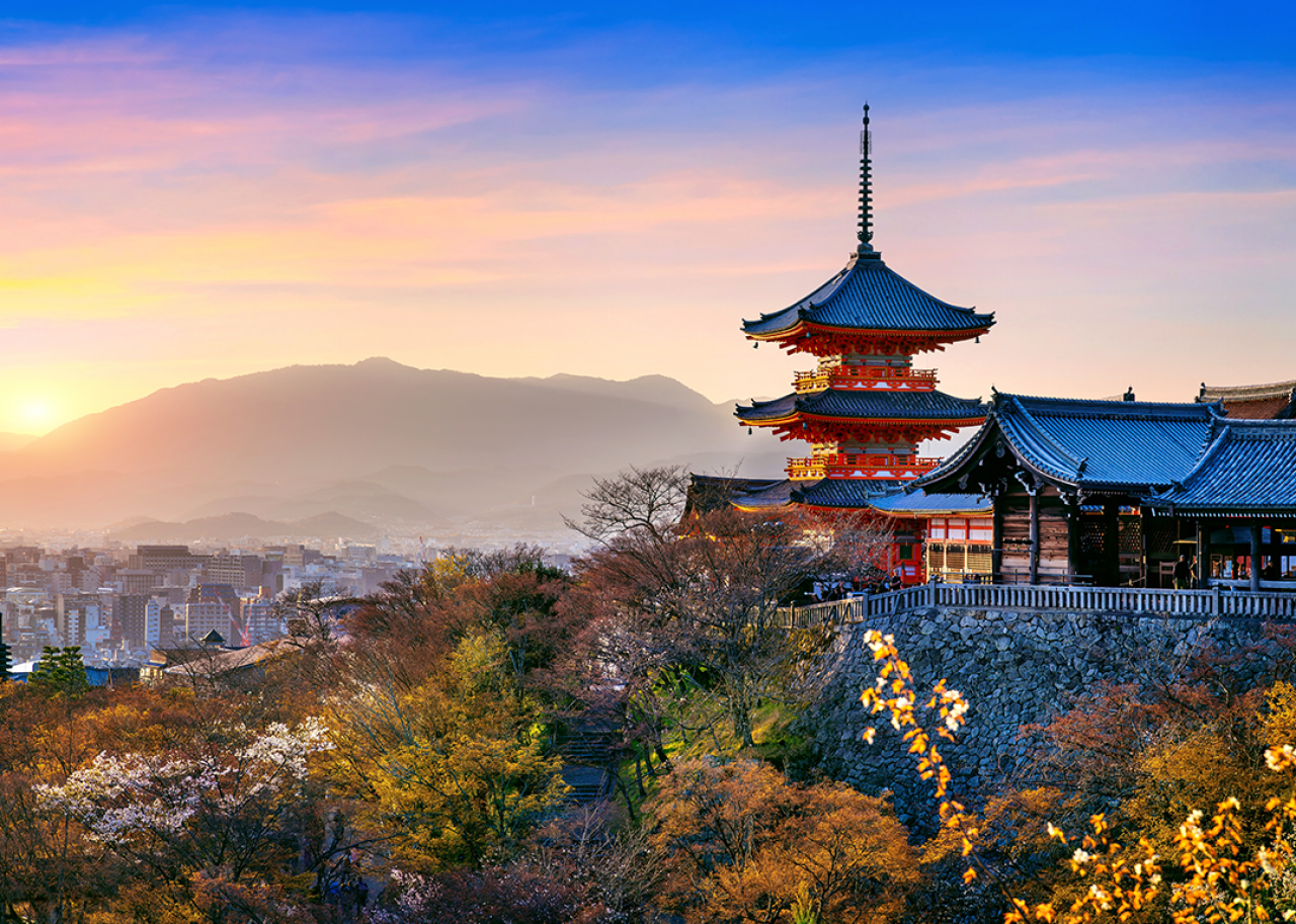 Kiyomizu temple at sunset in Kyoto.